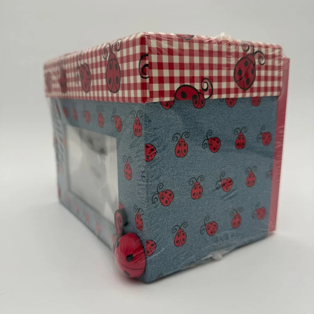 Vintage Ladybug Photo Box and Wooden Frame Set Red Gingham Denim Print New